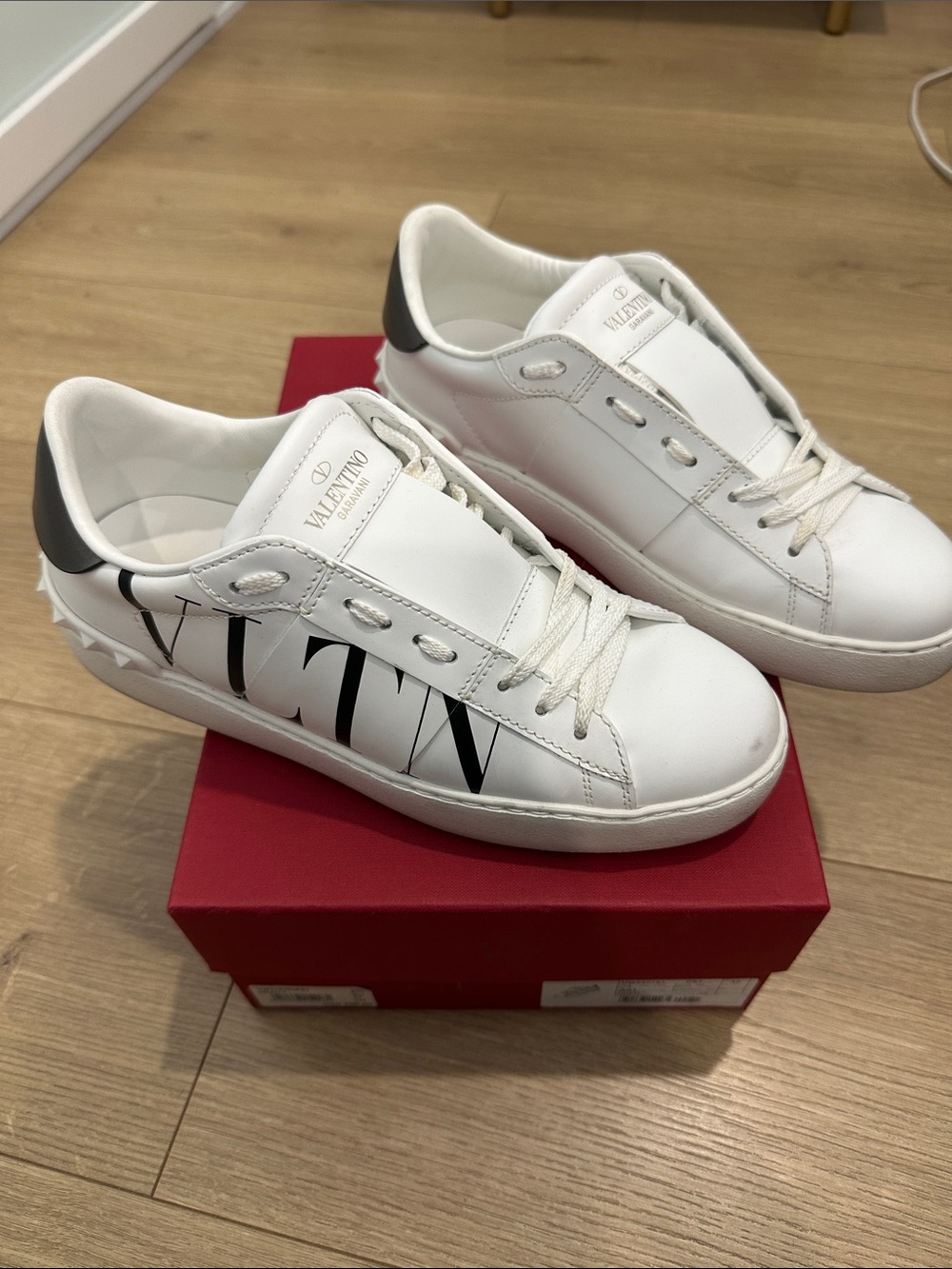 Valentino White Leather VLTN Low-Top Sneakers with Black Heel
